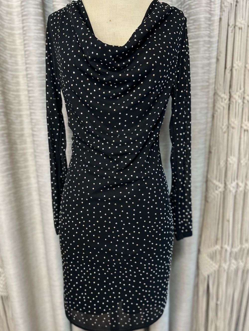 Boston Proper Black Rhinestone Dress Size Small Cowl Neck Bodycon Cocktail Party